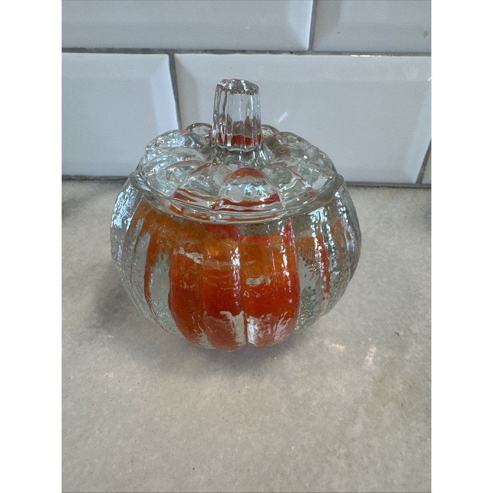 Vintage HOME INTERIORS Glass Pumpkin & Cover Candle Holder Made USA